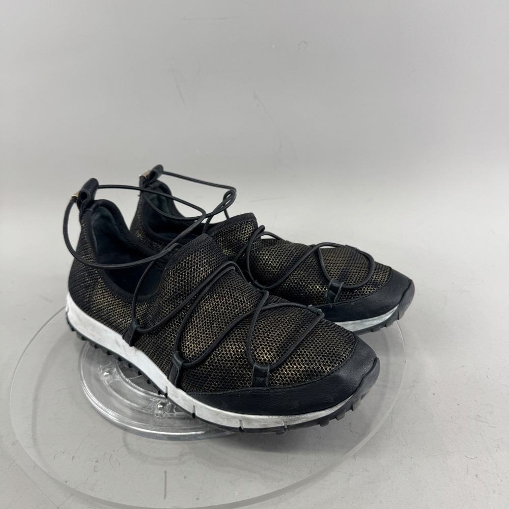 Jimmy Choo Womens 10 Metallic Gold Mesh Bungee Lace Slip On Sneakers Black